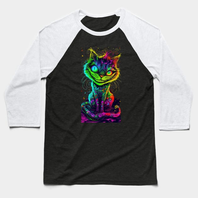 Neon Cheshire Cat Baseball T-Shirt by TooplesArt